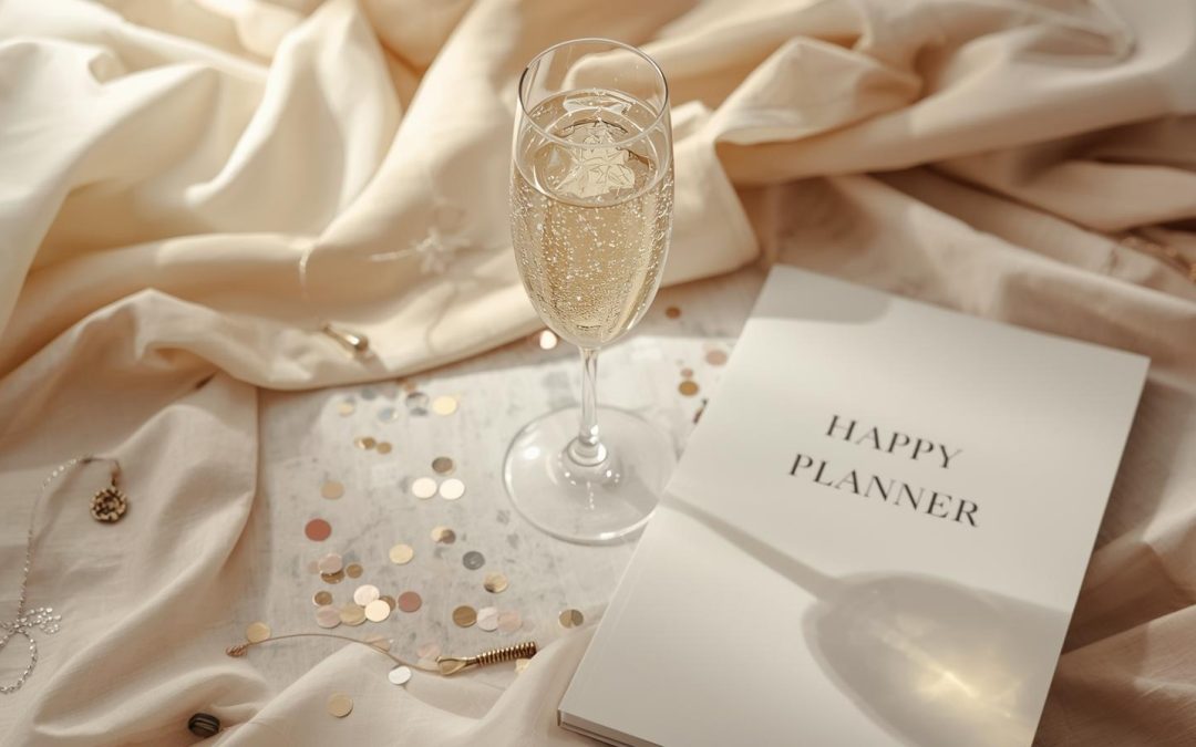 Planer, kieliszek szampana i konfetti.