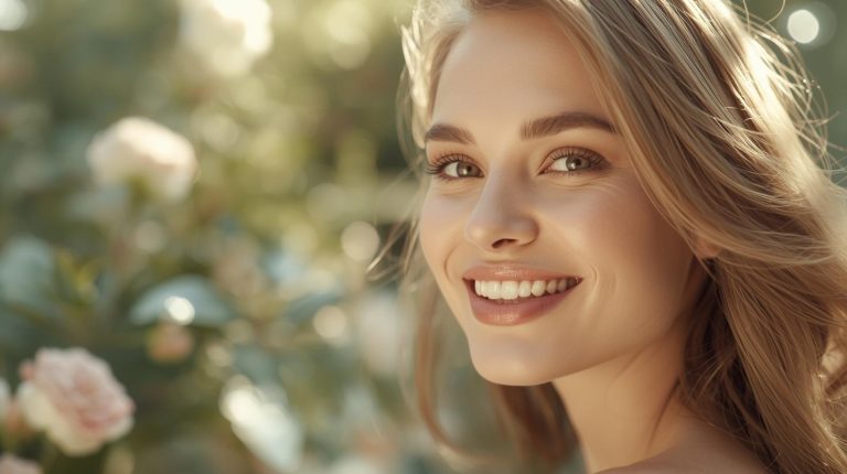 Promienna kobieta na-tle rozkwitającego ogrodu, który symbolizuje przemianę i glow up.