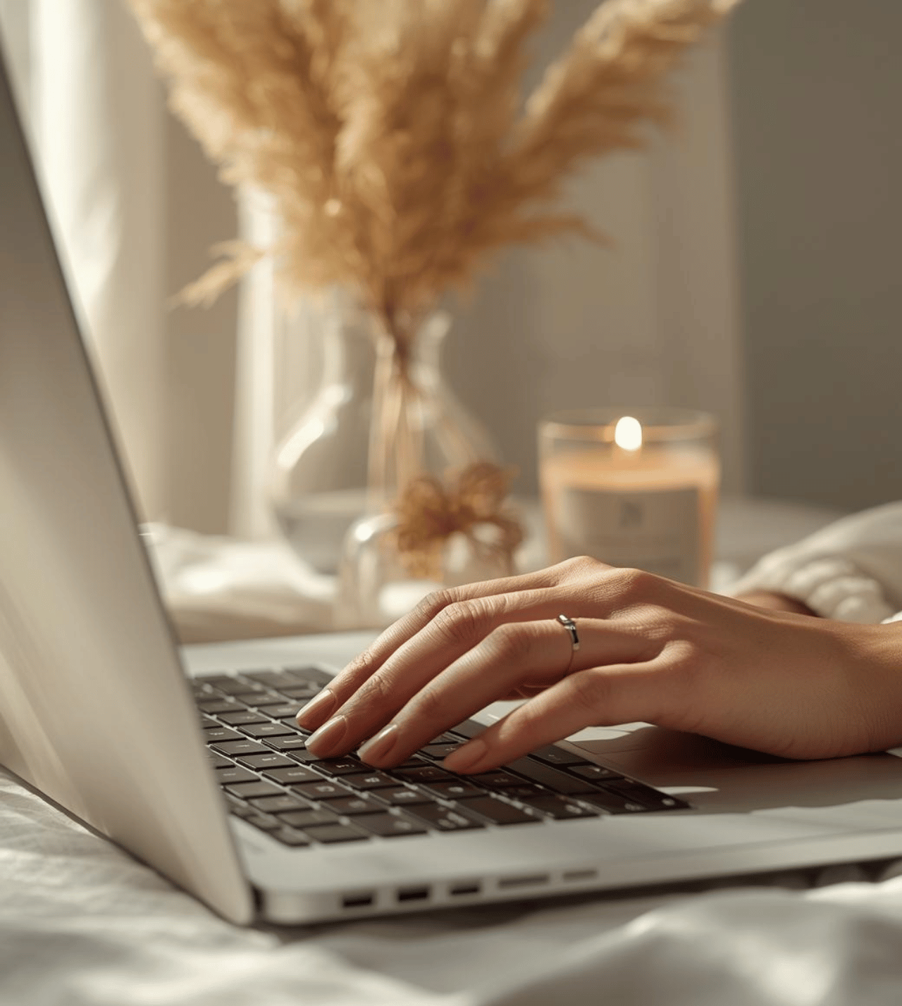Zbliżenie na kobiecą dłoń piszącą na klawiaturze laptopa. W tle bukiet z suszonej trawy pampasowej oraz paląca się świeczka zapachowa.