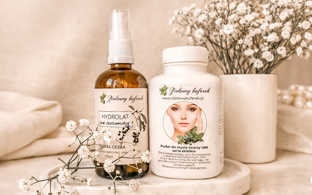Puder do mycia twarzy i hydrolat z czeremchy Ziołowy Kuferek – naturalny zestaw do pielęgnacji cery